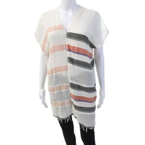 Lem Lem Womens Cotton Blend Striped V-Neck Short Sleeve Blouse Top Orange Size S